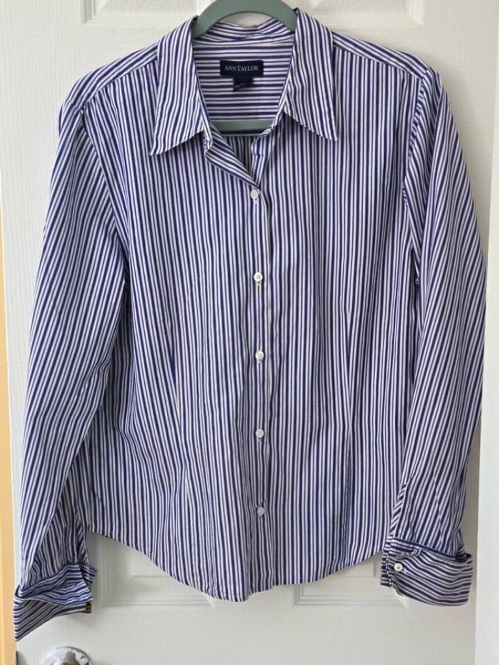 Ann Taylor Women's Blue/White Striped Woven Button-Down Blouse Sz 14